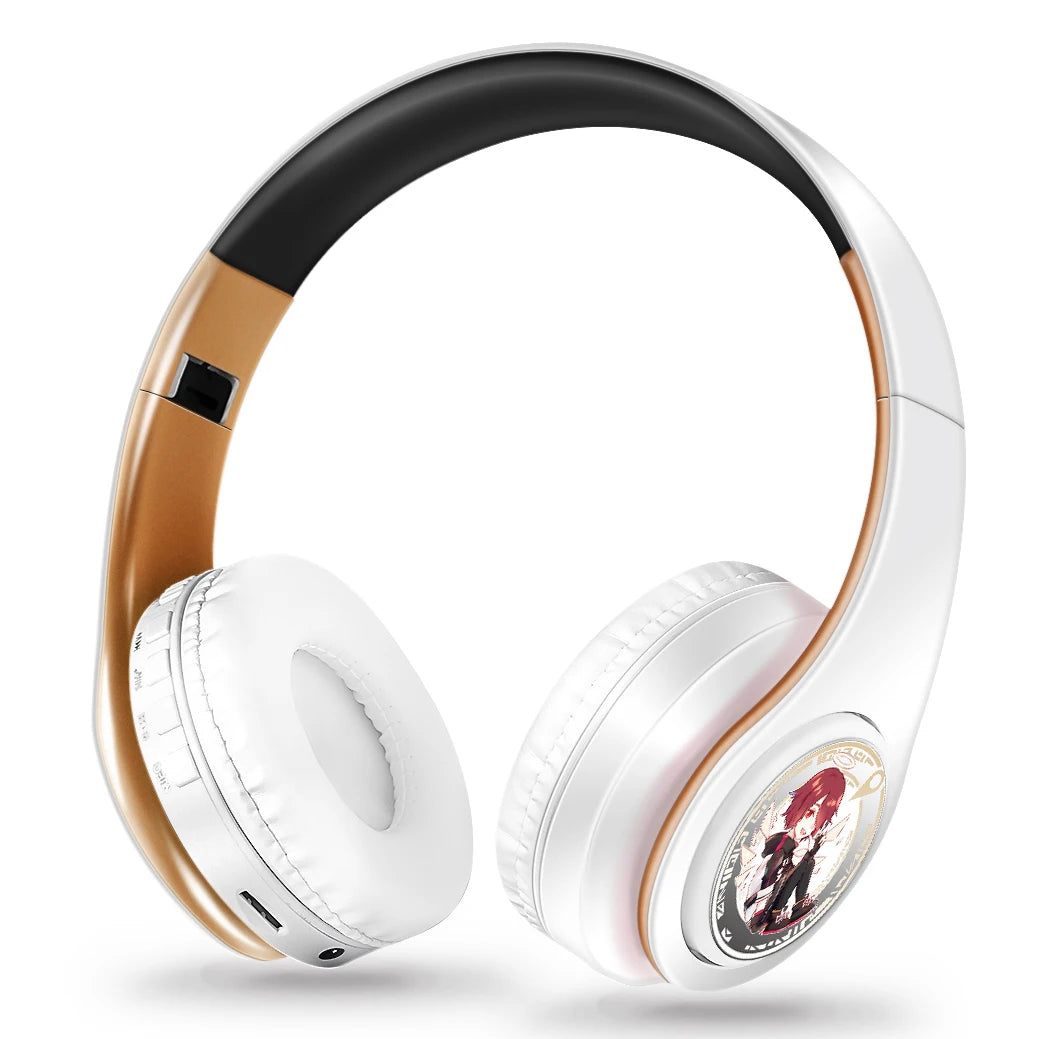 New Fashionable Cool Anime Arknights Exusiaie Wireless Gold Bluetooth Headset Head Mounted Plug In Card Mobile Phone Headphones
