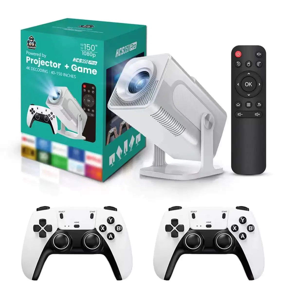 HCS350Pro  Portable Projector 4K Gaming Console with 2 Wireless Controllers Support 1080P for Indoor Outdoor Entertainment